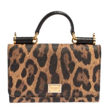 Pre Owned Dolce & Gabbana Brown/Black Leopard Print Leather Miss Sicily Von Wallet on Chain