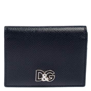 Pre Owned Dolce & Gabbana Navy Blue Leather Logo Flap Card Case