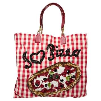 Pre Owned Dolce & Gabbana Red/White Gingham Fabric And Lizard Leather I Love Pizza Sequined Tote