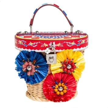 Pre Owned Dolce & Gabbana Multicolor Wicker, Leather and Straw Crystal Embellishment Bag