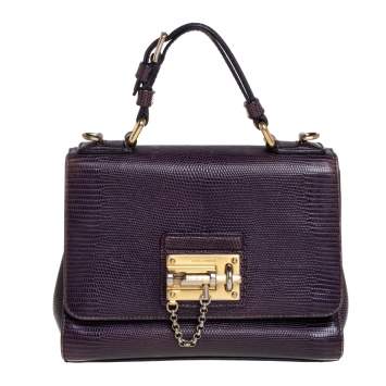 Pre Owned Dolce & Gabbana Dark Purple Lizard Embossed Leather Small Miss Monica Top Handle Bag