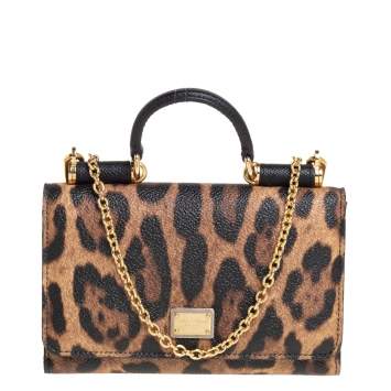 Pre Owned Dolce & Gabbana Leopard Print Coated Canvas and Leather Miss Sicily Wallet On Chain 