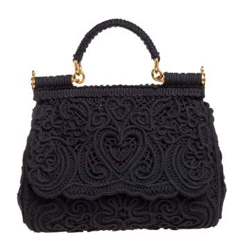 Pre Owned Dolce & Gabbana Black Fabric Medium Sicily Cordonetto Top Handle Bag