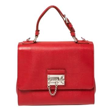 Pre Owned Dolce & Gabbana Red Lizard Embossed Leather Medium Miss Monica Top Handle Bag