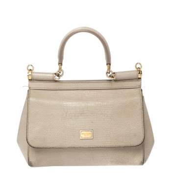 Pre Owned Dolce & Gabbana Grey Lizard Embossed Leather Small Miss Sicily Top Handle Bag
