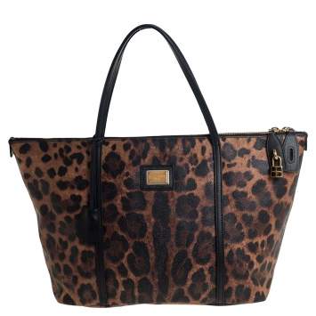 Pre Owned Dolce & Gabbana Brown/Black Leopard Print Coated Canvas and Leather Miss Escape Tote