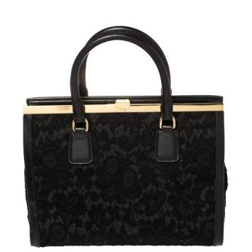 Pre Owned Dolce & Gabbana Black Lace and Leather Frame Tote