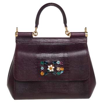 Pre Owned Dolce & Gabbana Dark Burgundy Lizard Embossed Leather Small Miss Sicily Crystal Top Handle Bag