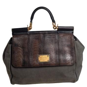 Pre Owned Dolce & Gabbana Grey/Black Denim and Ostrich Leg Leather Large Miss Sicily Top Handle Bag