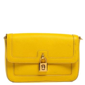 Pre Owned Dolce & Gabbana Yellow Leather Padlock Flap Crossbody Bag