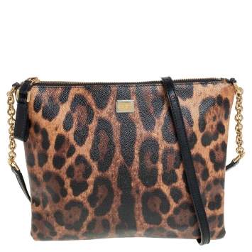 Pre Owned Dolce & Gabbana Brown/Black Leopard Print Coated Canvas and Leather Zip Slim Crossbody Bag
