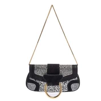 Pre Owned Dolce & Gabbana Black Crystal Embellished Suede Chain Clutch