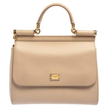 Pre Owned Dolce & Gabbana Beige Leather Medium Miss Sicily Top Handle Bag
