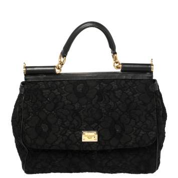Pre Owned Dolce & Gabbana Black Lace Large Miss Sicily Top Handle Bag