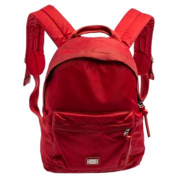 Pre Owned Dolce & Gabbana Red Nylon Logo Plaque Small Backpack