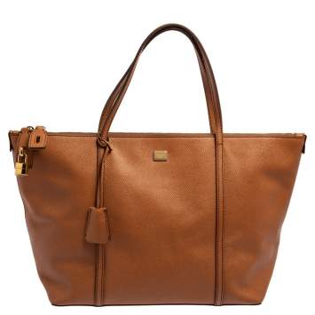 Pre Owned Dolce & Gabbana Brown Leather Miss Escape Top Zip Shopper Tote