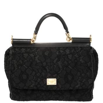 Pre Owned Dolce & Gabbana Black Lace and Leather Miss Sicily Top Handle Bag