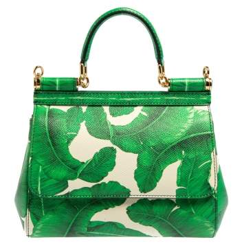 Pre Owned Dolce & Gabbana Banana Leaf Print Leather Small Miss Sicily Top Handle Bag