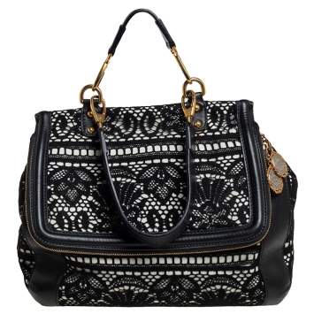 Pre Owned Dolce & Gabbana Black/White Lace and Leather Large Miss Sicily Top Handle Bag