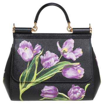 Pre Owned Dolce & Gabbana Black Tulip Print Leather Medium Miss Sicily Top Handle Bag