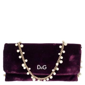 Pre Owned Dolce & Gabbana Purple Velvet Sasha Pearl Chain Bag