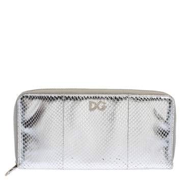 مملوكة مسبقًا Dolce & Gabbana Silver Python Embossed Leather Zip Around Wallet