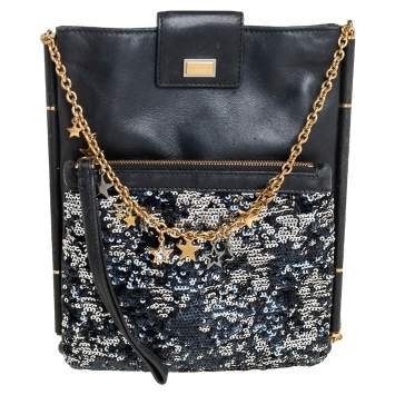 Pre Owned Dolce & Gabbana Black Leather and Sequins iPad Crossbody Bag