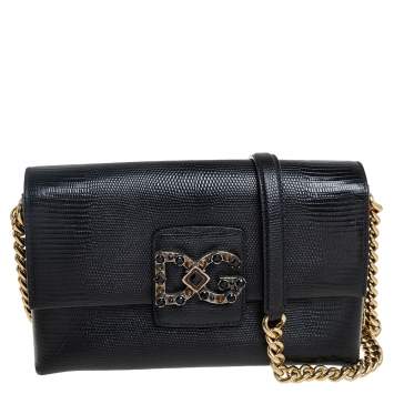 Pre Owned Dolce & Gabbana Black Lizard Embossed Leather DG Millennials Shoulder Bag 