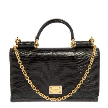 Pre Owned Dolce & Gabbana Black Lizard Embossed Leather Sicily Von Wallet on Chain