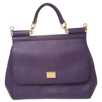 Pre Owned Dolce & Gabbana Purple Leather Medium Miss Sicily Top Handle Bag