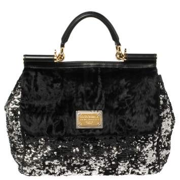 Pre Owned Dolce & Gabbana Black/Silver Sequins and Astrakhan Fur Large Miss Sicily Top Handle Bag