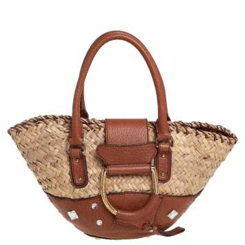 Pre Owned Dolce & Gabbana Brown/Beige Raffia and Leather Small Crystal Embellished Tote