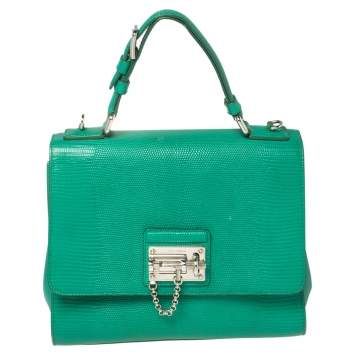 Pre Owned Dolce & Gabbana Green Lizard Embossed Leather Medium Miss Monica Top Handle Bag