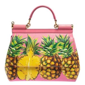 Pre Owned Dolce & Gabbana Pink Pineapple Printed Leather Miss Sicily Top Handle Bag