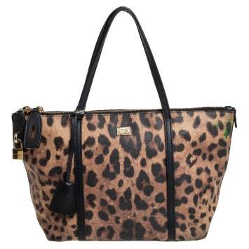 Pre Owned Dolce & Gabbana Black/Brown Leopard Print Coated Canvas and Leather Escape Tote