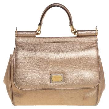 Pre Owned Dolce & Gabbana Gold Leather Medium Miss Sicily Top Handle Bag