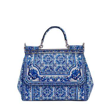 Pre Owned Dolce & Gabbana White and Blue Blue Majolica Print Leather Miss Sicily Bag with Shoulder Strap
