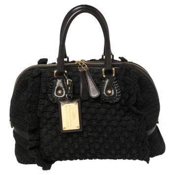 Pre Owned Dolce & Gabbana Black Crochet Fabric and Leather Zip Satchel