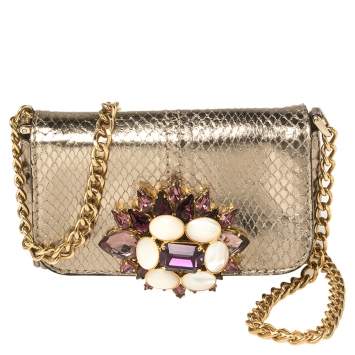 Pre Owned Dolce & Gabbana Gold Snakeskin Crystal Embellished Chain Pouch