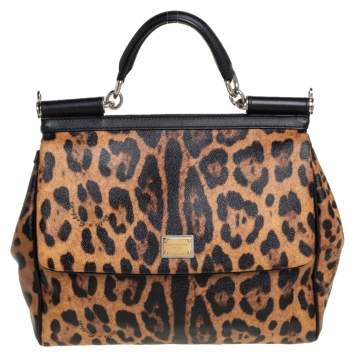 Pre Owned Dolce & Gabbana Black/Brown Leopard Print Coated Canvas Large Miss Sicily Top Handle Bag