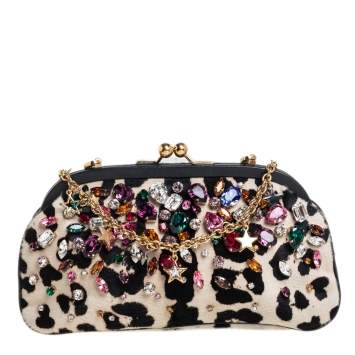 Pre Owned Dolce & Gabbana Whit/Black Leopard Print Calf Hair Crystal Embellished Frame Chain Clutch