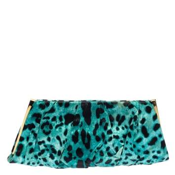 Pre Owned Dolce & Gabbana Black/Green Leopard Print Satin Miss Lady Clutch