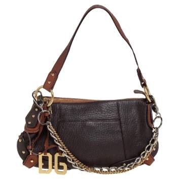 Pre Owned Dolce & Gabbana Brown Leather Small Multi Chain Shoulder Bag