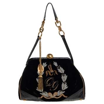 Pre Owned Dolce & Gabbana Black Logo Embroidered Velvet and Eel Frame Satchel