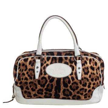 Pre Owned Dolce & Gabbana White Brown Animal Print Canvas and Leather Satchel