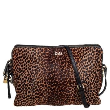 Pre Owned Dolce & Gabbana Lepord Print Pony Hair and Leather Zipper Shoulder Bag