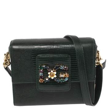 Pre Owned Dolce & Gabbana Green Lizard Embossed Leather DG Millennials Crossbody Bag 