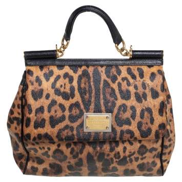 Pre Owned Dolce & Gabbana Black/Brown Animal Print Coated Canvas and Leather Large Miss Sicily Top Handle Bag