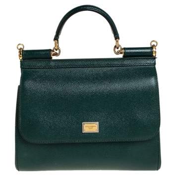 Pre Owned Dolce & Gabbana Green Leather Medium Miss Sicily Top Handle Bag