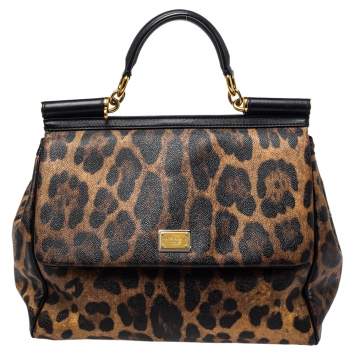 Pre Owned Dolce & Gabbana Black/Brown Leopard Print Coated Canvas Large Miss Sicily Top Handle Bag